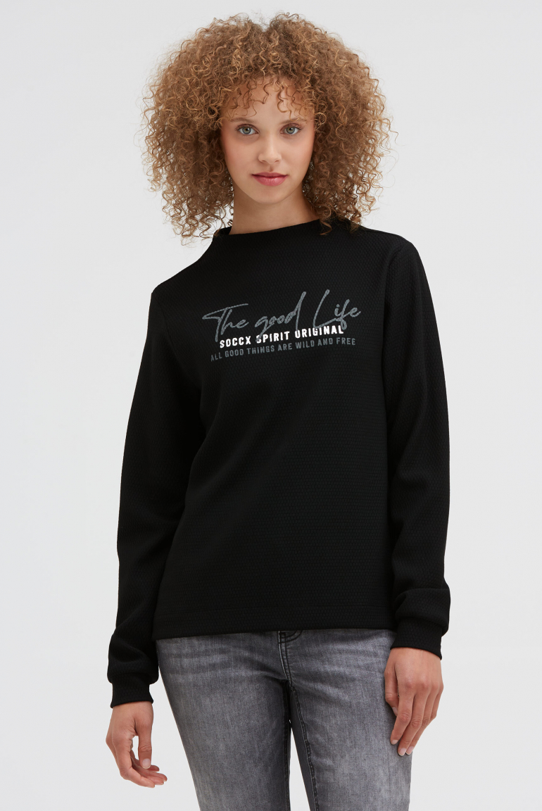 Strukturiertes Sweatshirt mit Stehkragen und Print black