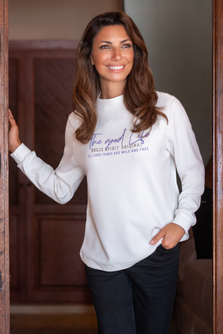 Strukturiertes Sweatshirt mit Stehkragen und Print ivory