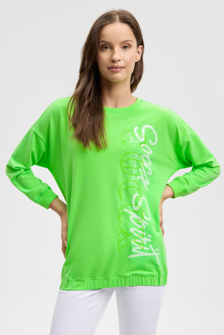 Sweatshirt mit Gummizugsaum und Pailletten-Logo neon leaf
