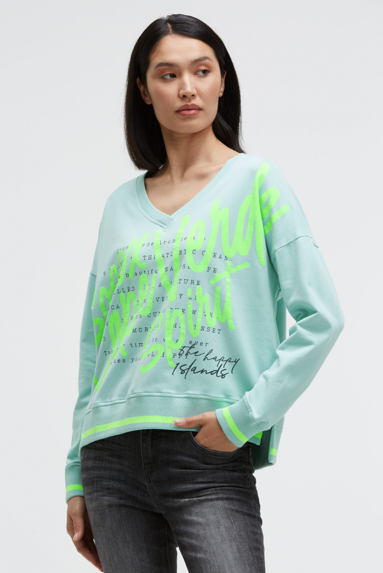Sweatshirt mit V-Ausschnitt und Wording Print misty mint