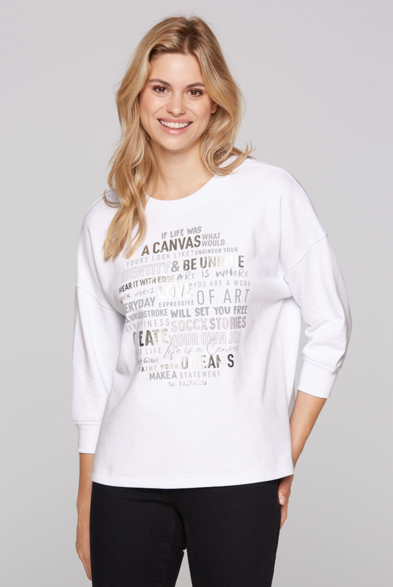 Sweatshirt mit Wording Print und 3/4-Arm opticwhite