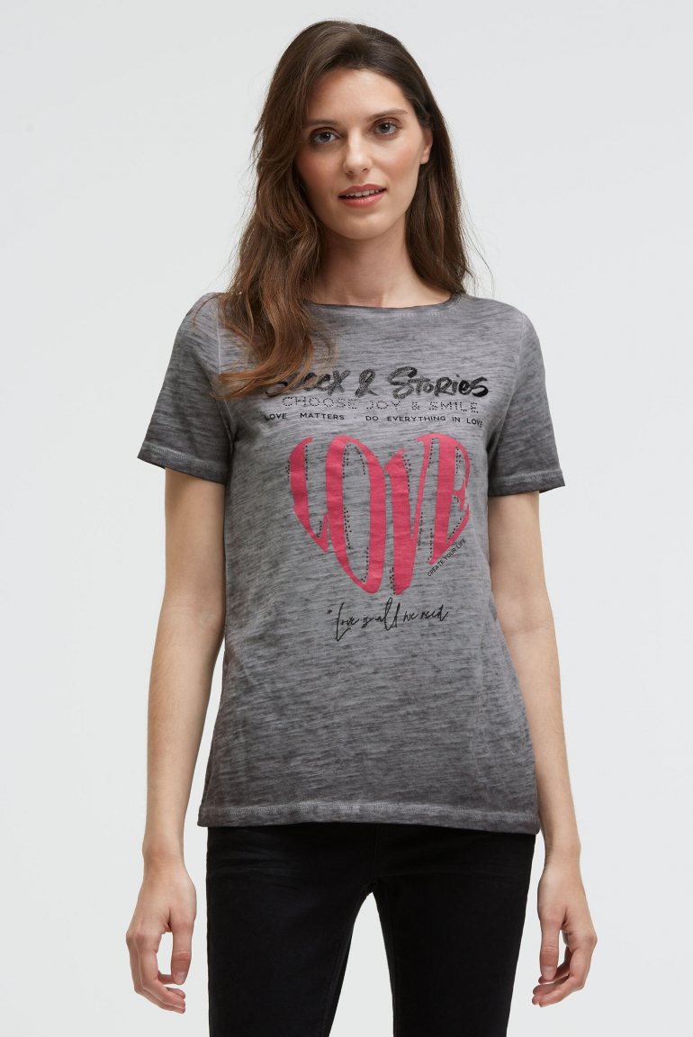 T-Shirt mit U-Boot-Ausschnitt und Artwork smart grey