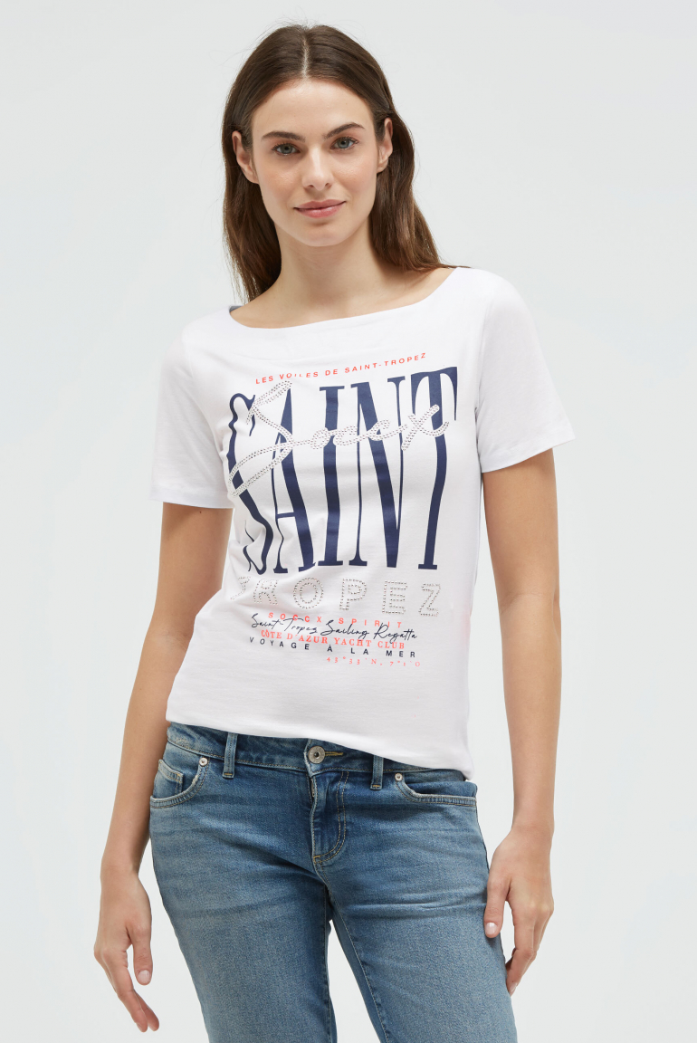 T-Shirt mit U-Boot-Ausschnitt und Artwork opticwhite