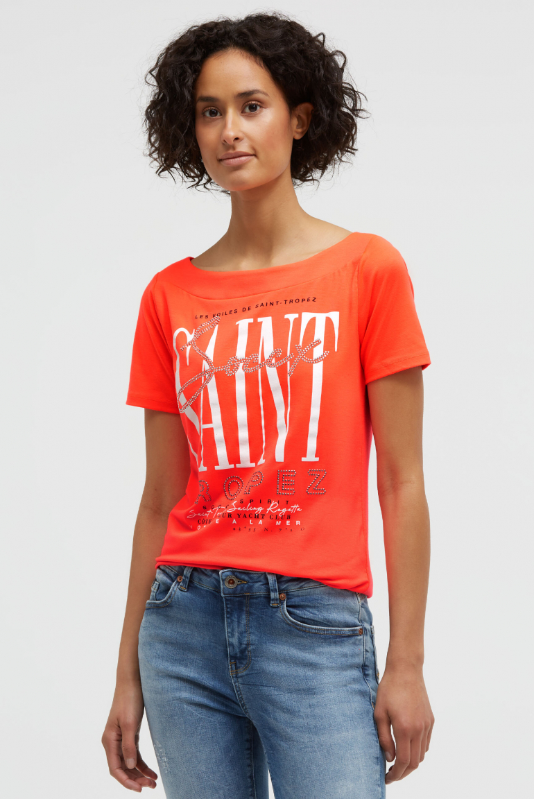 T-Shirt mit U-Boot-Ausschnitt und Artwork red neon