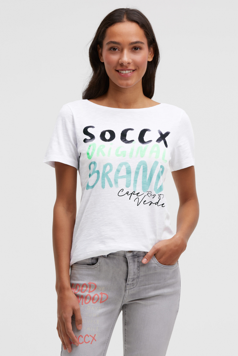 T-Shirt mit U-Boot-Ausschnitt und Print opticwhite