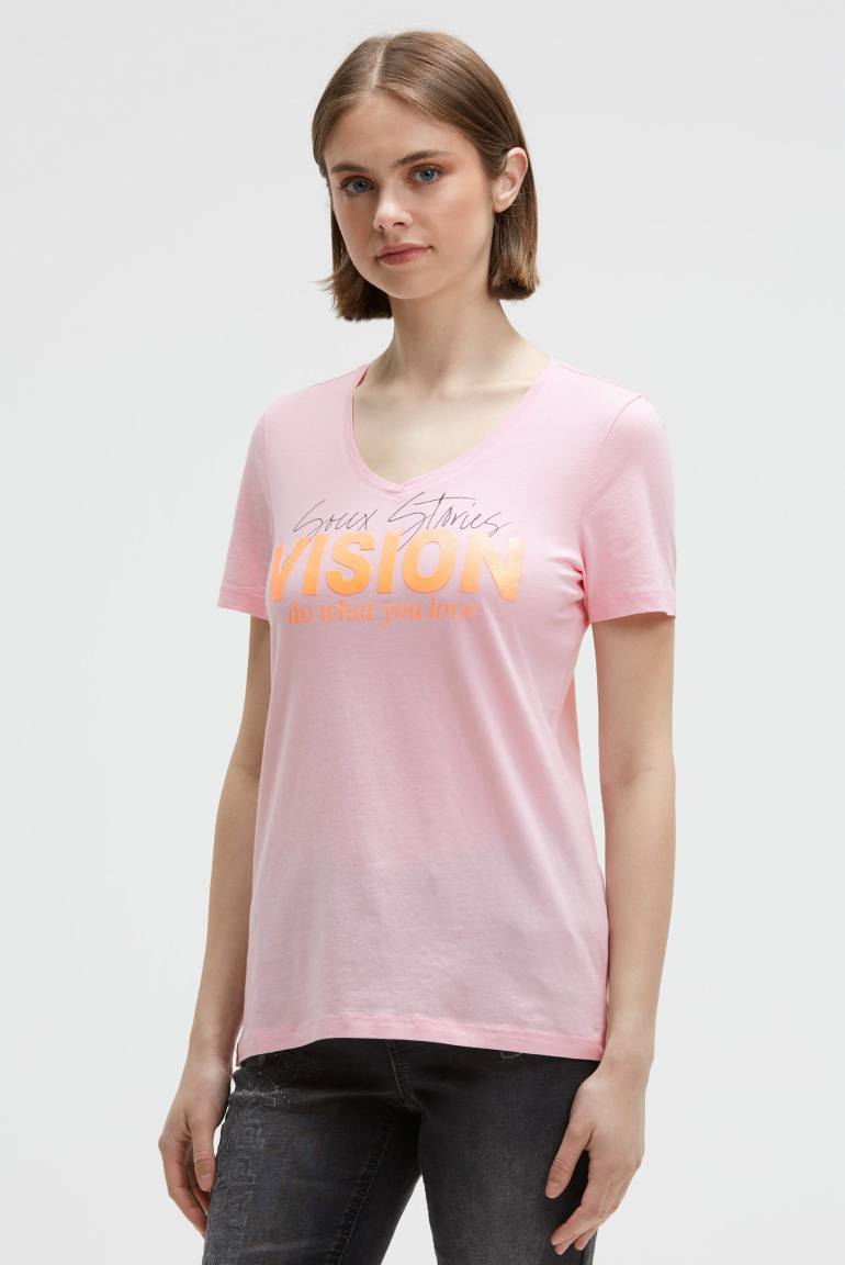 T-Shirt mit V-Ausschnitt und Glitter Print smooth rose