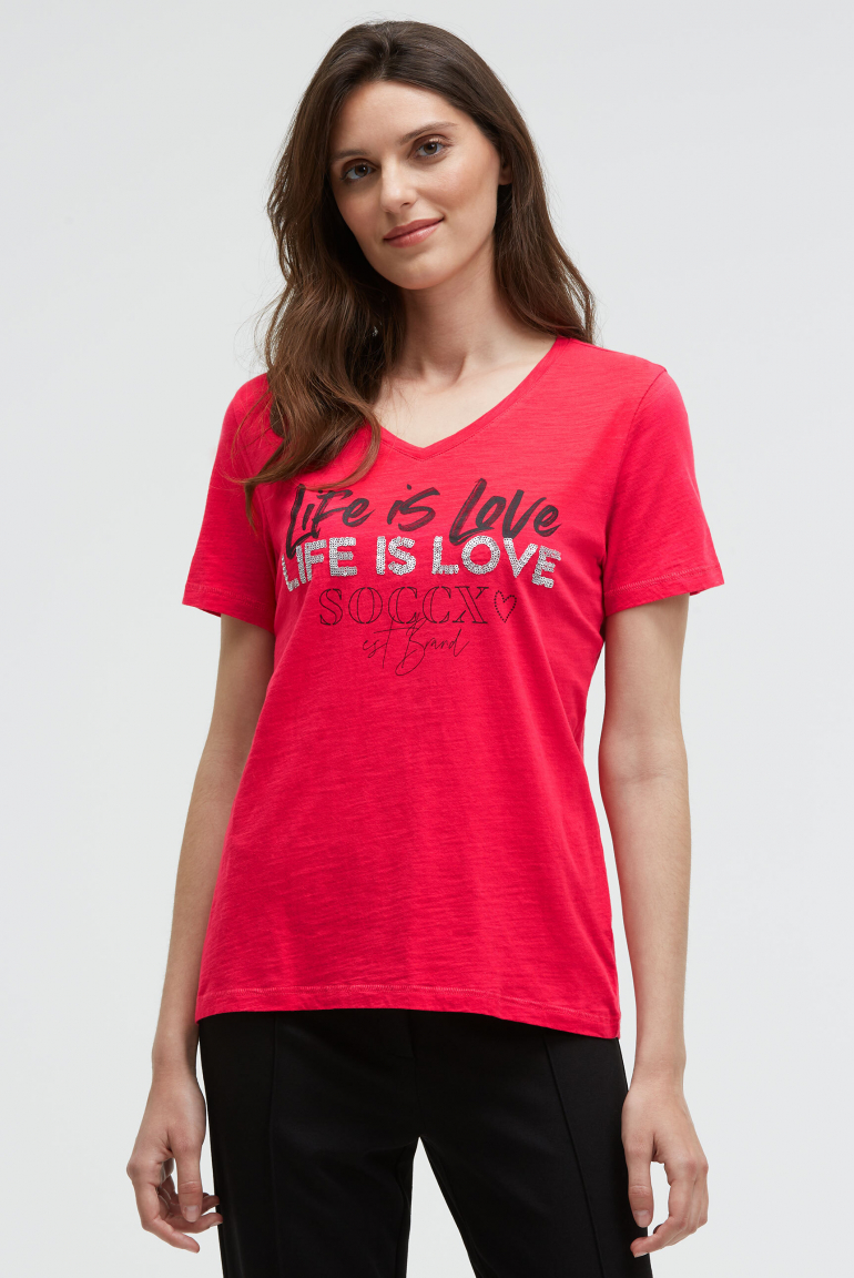 T-Shirt mit V-Ausschnitt und Pailletten-Wording lovely red