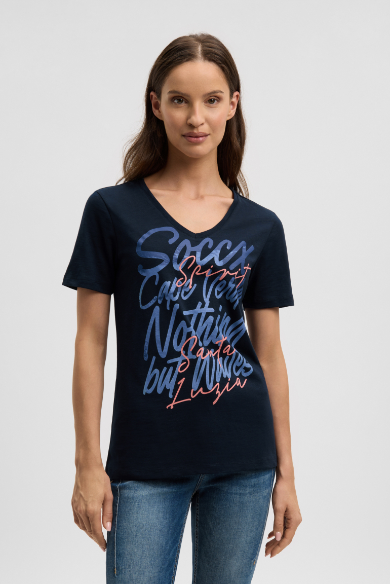 T-Shirt mit V-Ausschnitt und Print blue navy