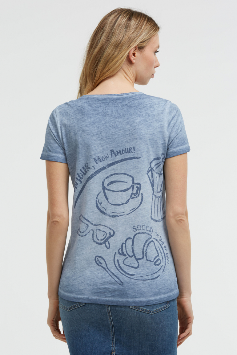 T-Shirt mit V-Cut und Rückenprint soft azure