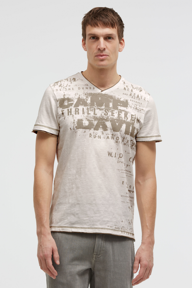 T-Shirt mit V-Neck im Vintage Look ivory