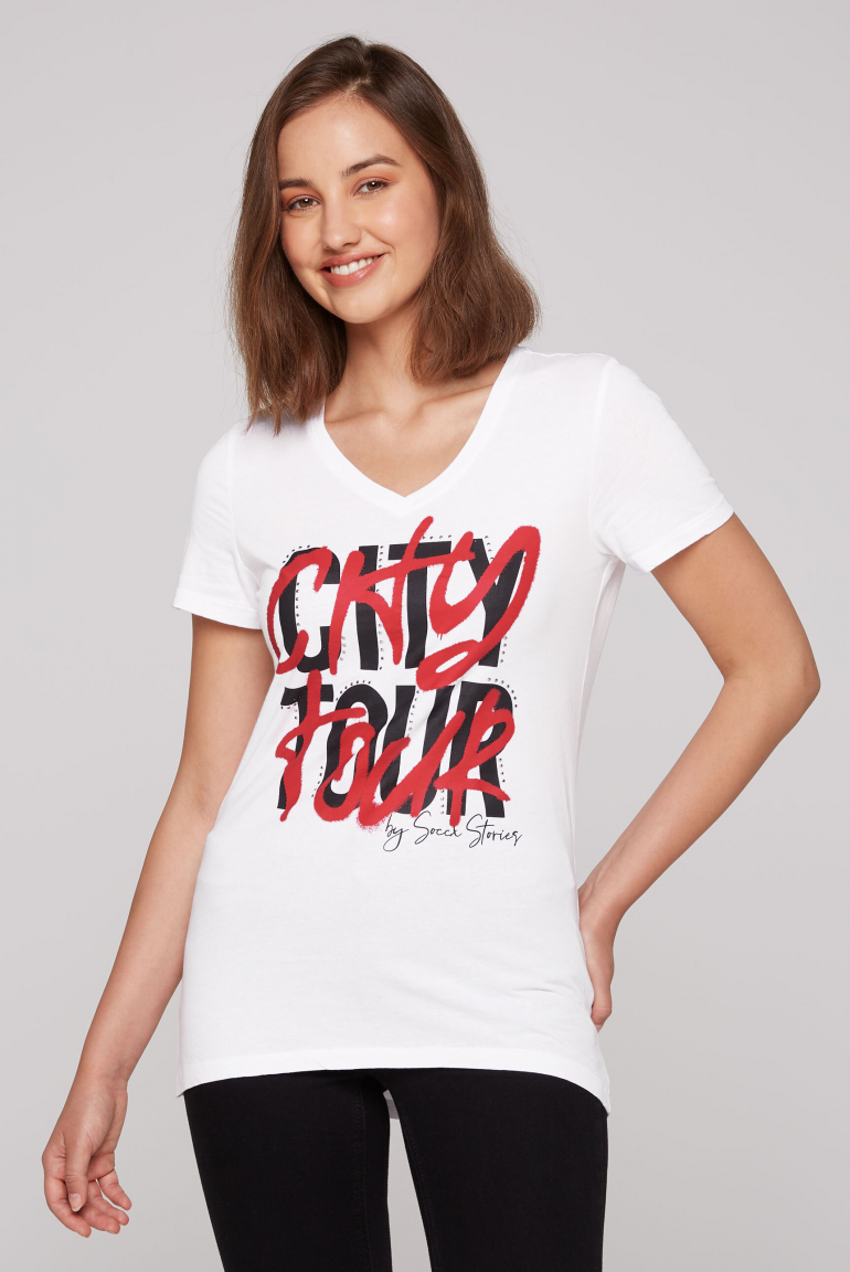 T-Shirt mit Wording Print und Schmucksteinen opticwhite