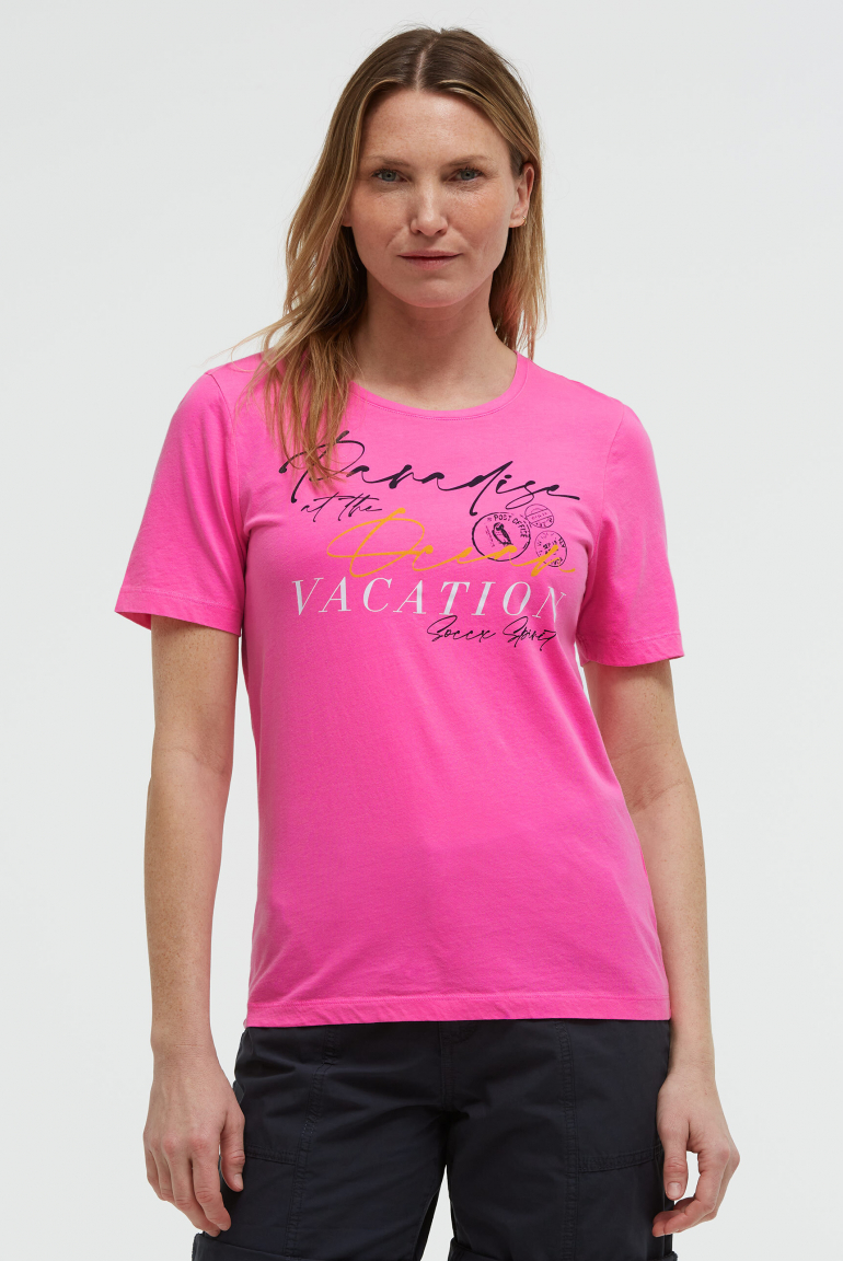 T-Shirt Rundhals mit Label Print neon magenta