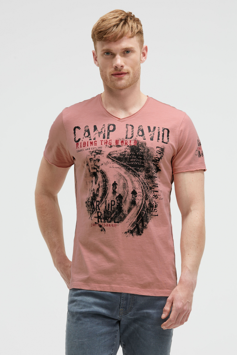 T-Shirt V-Neck im Used Look mit Photoprint old peach