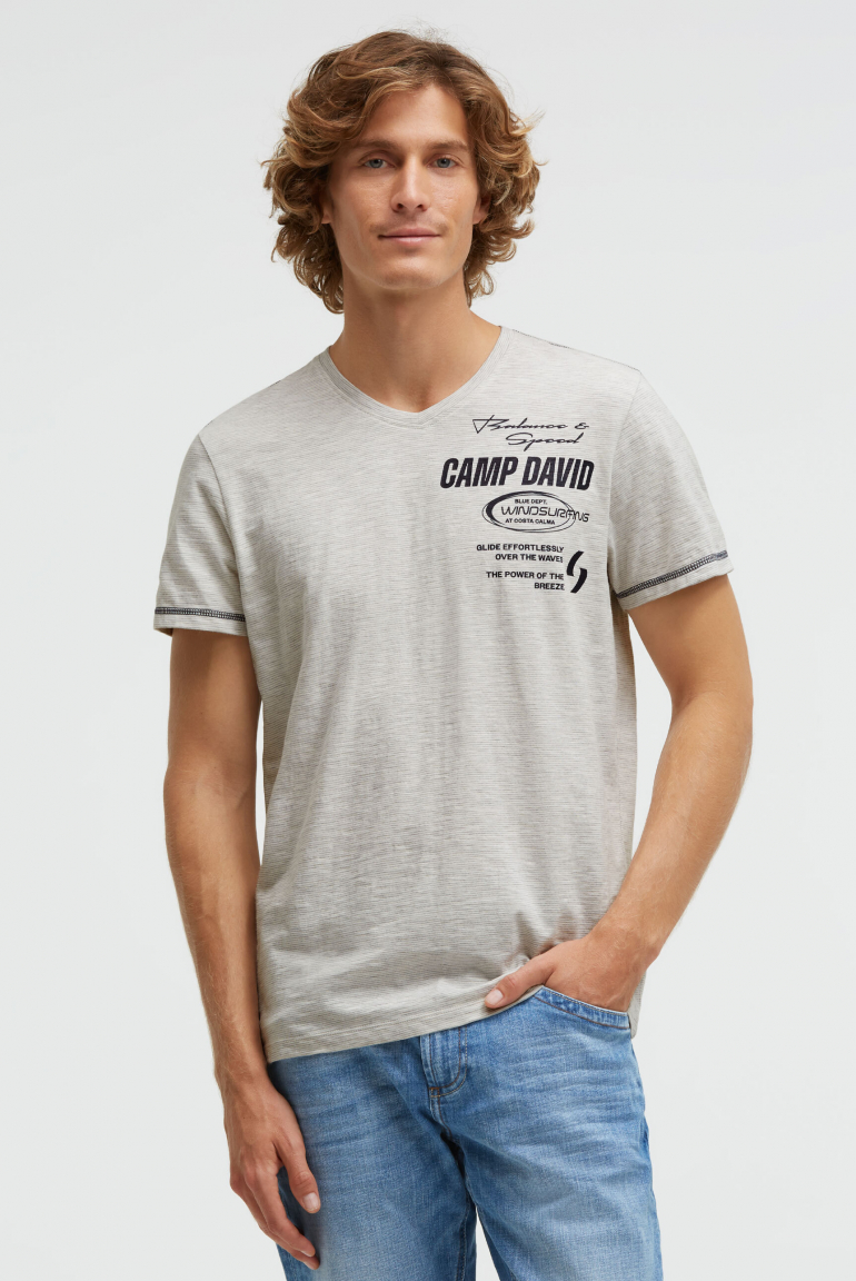 T-Shirt V-Neck mit Slub Stripes und Prints ivory
