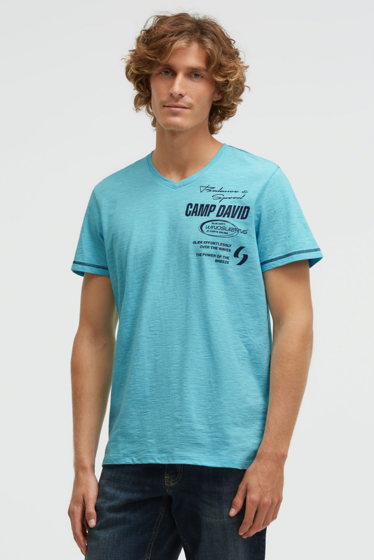 T-Shirt V-Neck mit Slub Stripes und Prints aqua