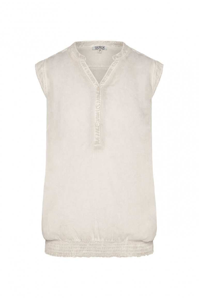 Ärmellose Bluse mit gesmoktem Saum und Rückenprint silvery