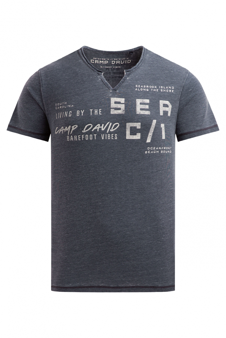 Ausbrenner-Shirt mit Used Look und Label Prints blue navy