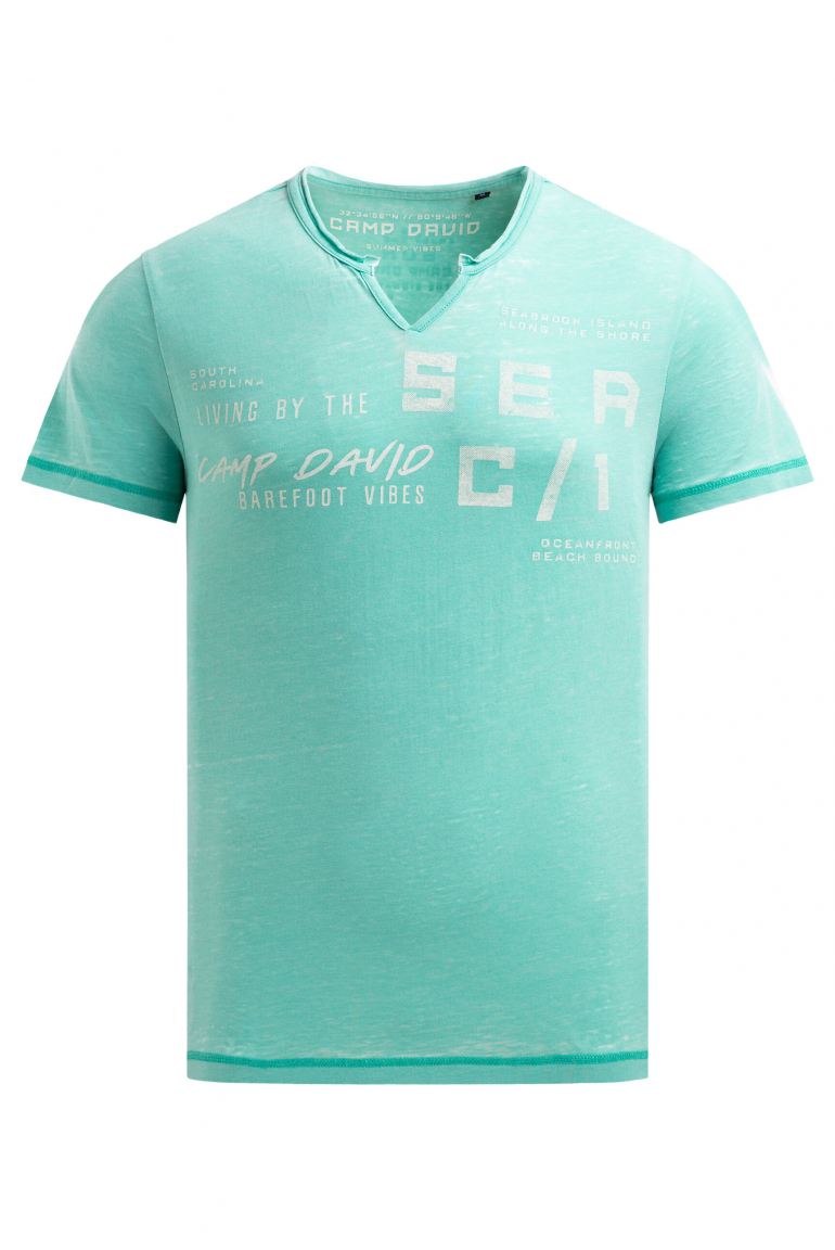 Ausbrenner-Shirt mit Used Look und Label Prints island green