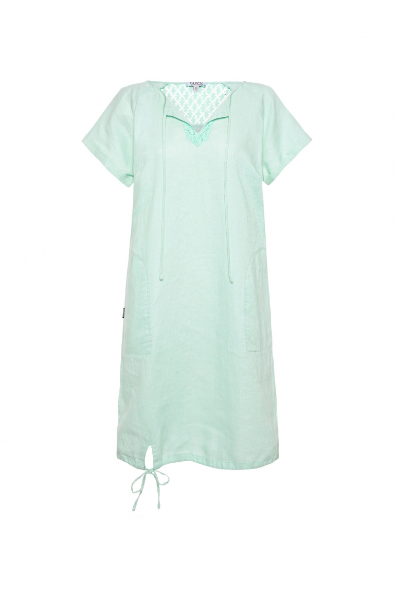 Ballonkleid aus Leinen mit Ajour-Details leafy mint