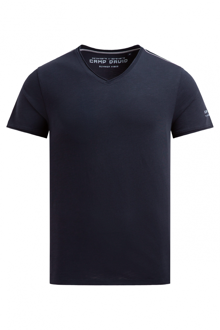 Basic T-Shirt mit V-Neck und Print blue navy