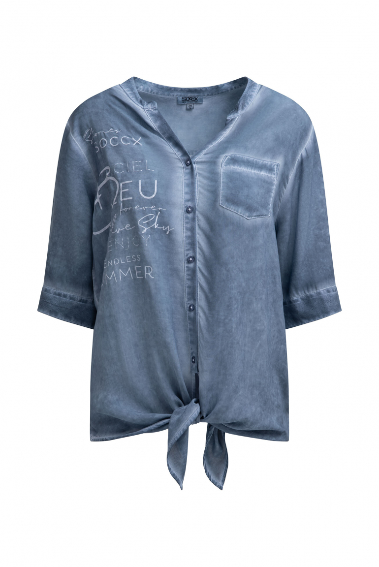Bluse Kurzarm mit Knotensaum und Print soft azure