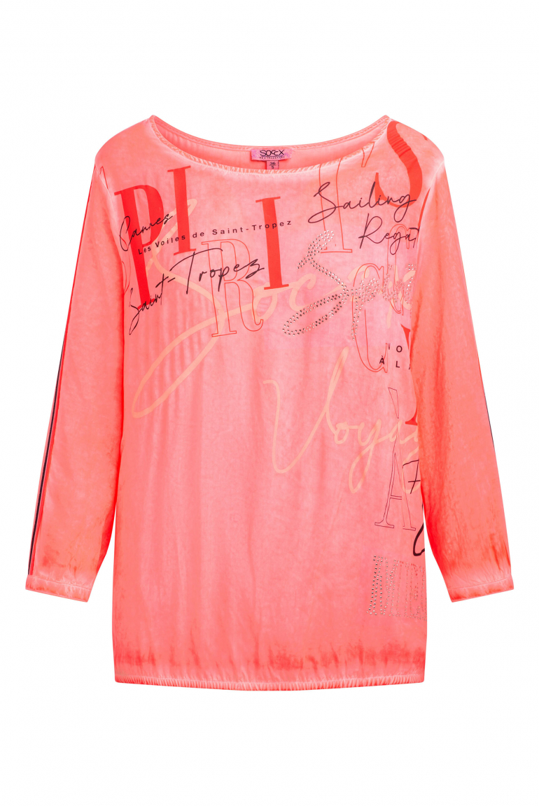 Blusenshirt mit Tapes, Print und Schmucksteinen red neon