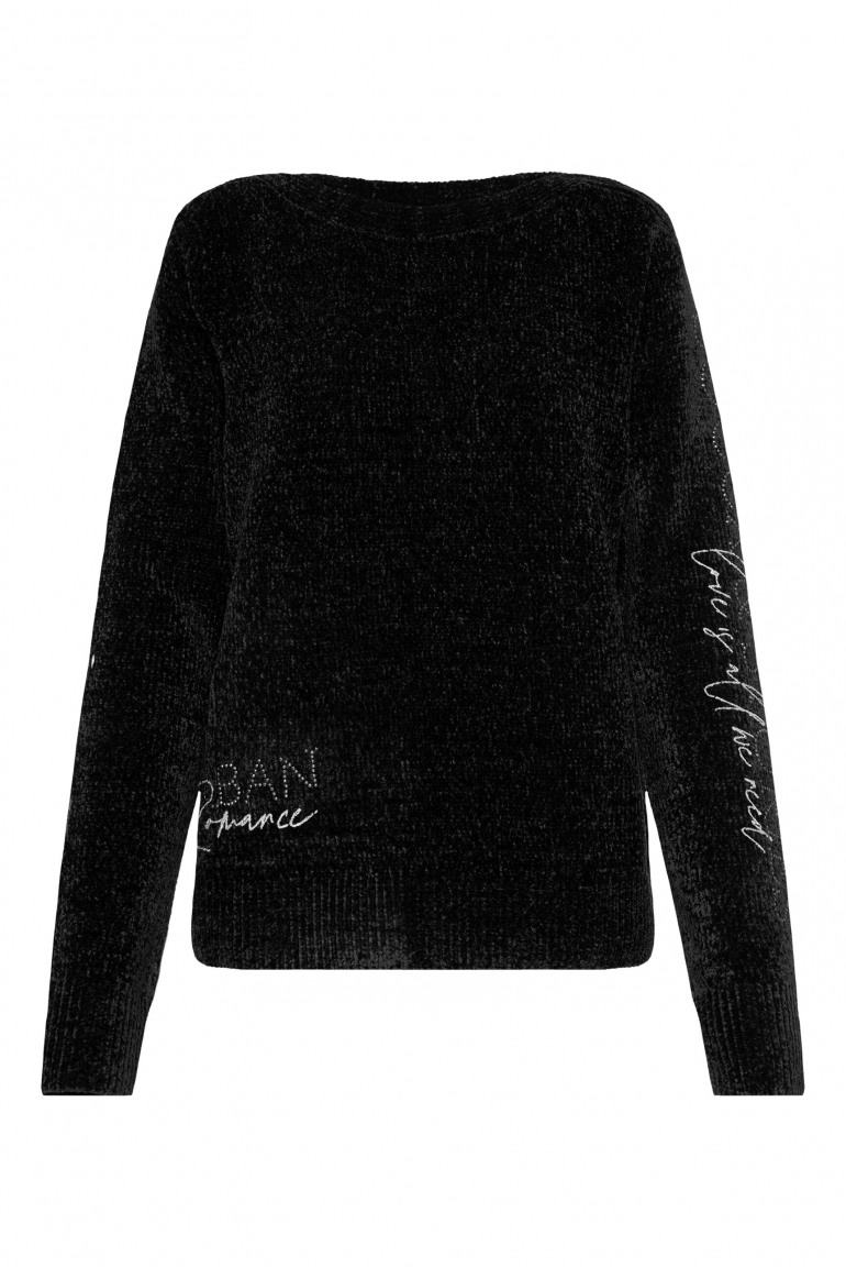 Chenille-Pullover mit Glitzer-Artworks black