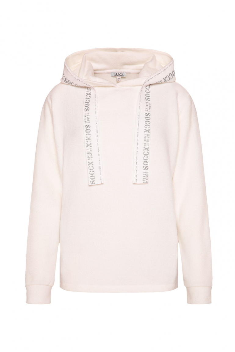 Flauschstrickpullover mit Logo-Tape an der Kapuze ivory