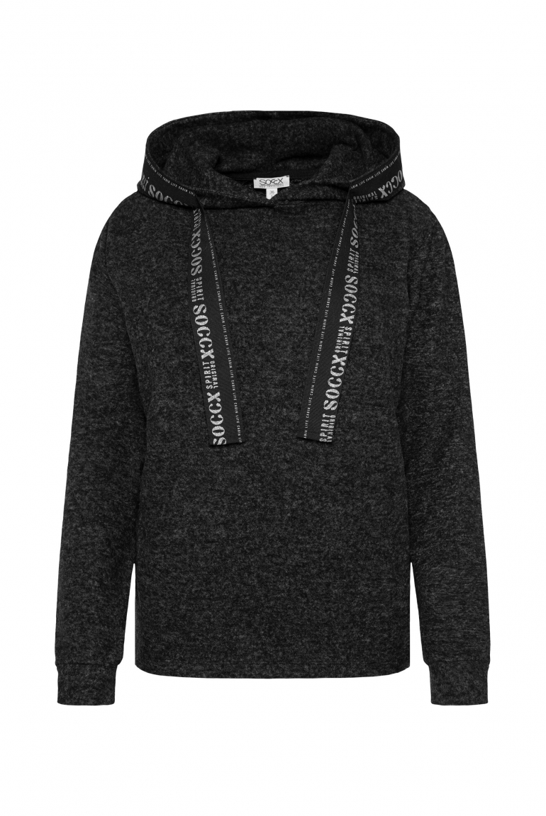 Flauschstrickpullover mit Logo-Tape an der Kapuze black melange