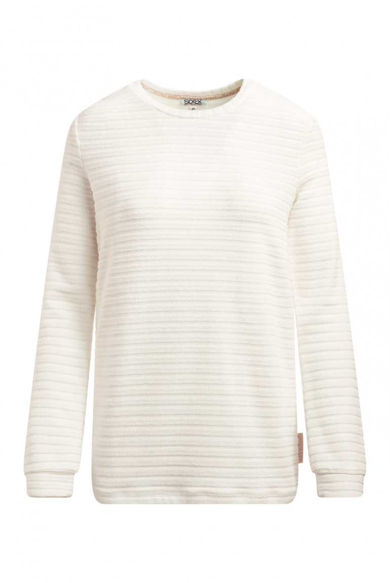 Flauschstrickpullover mit Rippstruktur und Gummizugsaum ivory