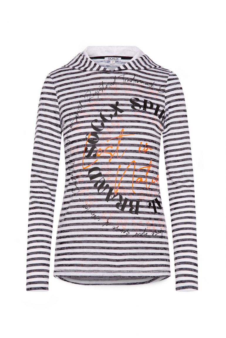 Gestreiftes Ausbrennershirt mit Kapuze und Artwork ivory / black