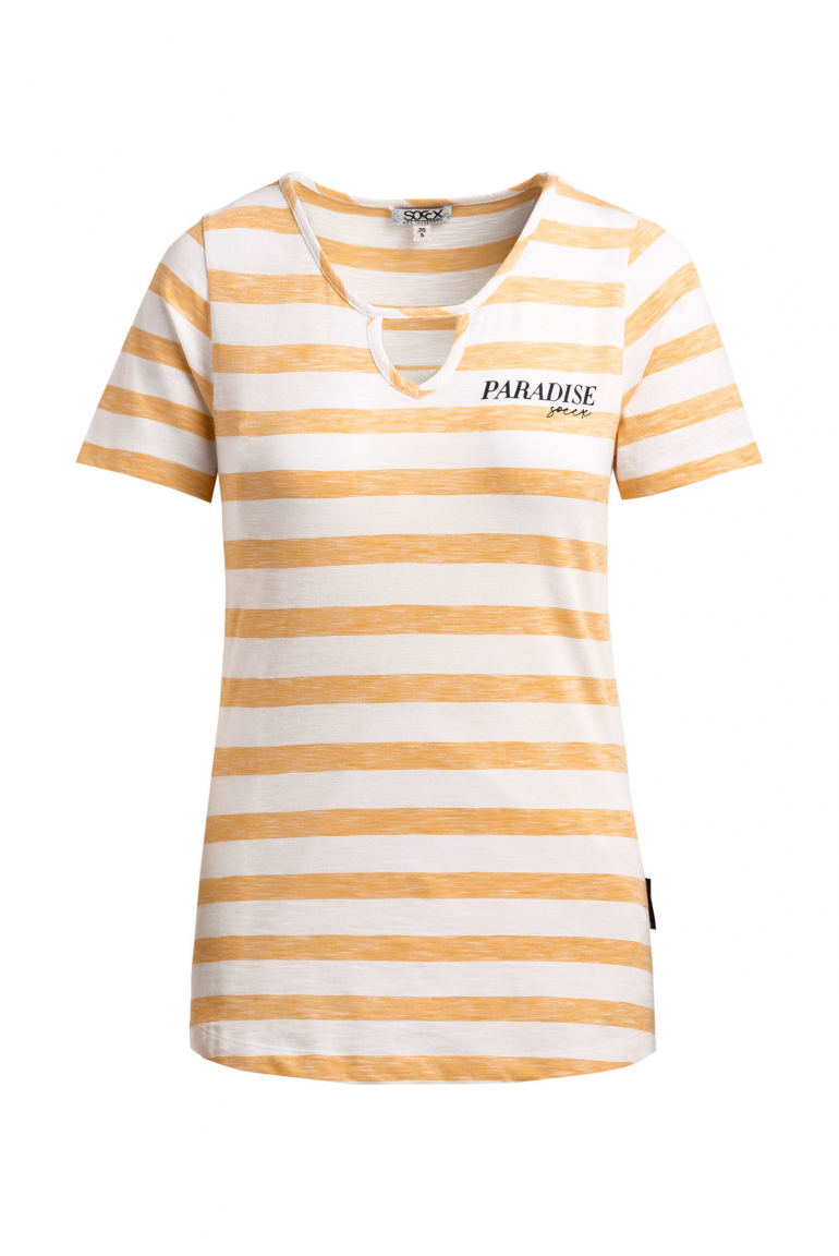 Gestreiftes T-Shirt mit Cut-Out und Print fresh mango