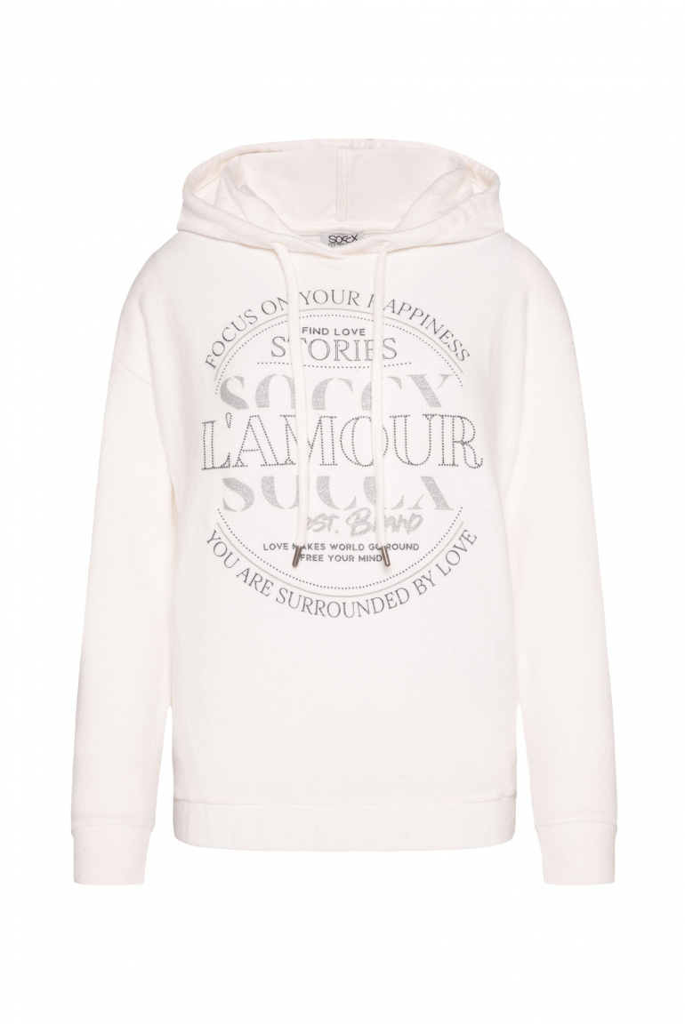 Hoodie aus Flauschstrick mit Glitzer-Print ivory