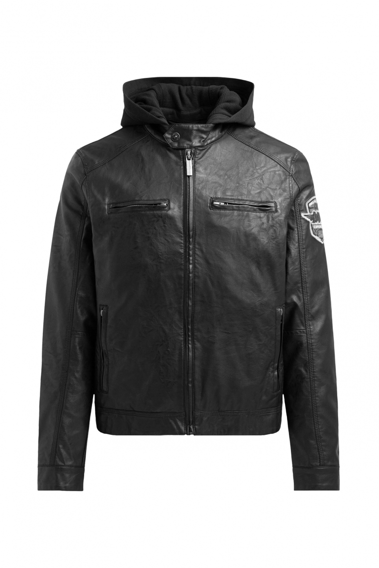 Jacke aus Kunstleder mit abknöpfbarer Sweatkapuze black / black