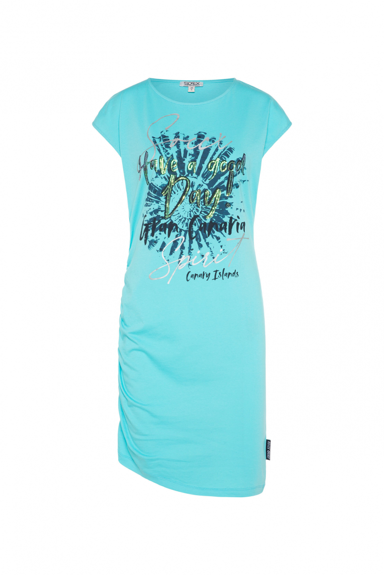 Jersey-Kleid mit seitlicher Raffung und Artwork lagoon blue