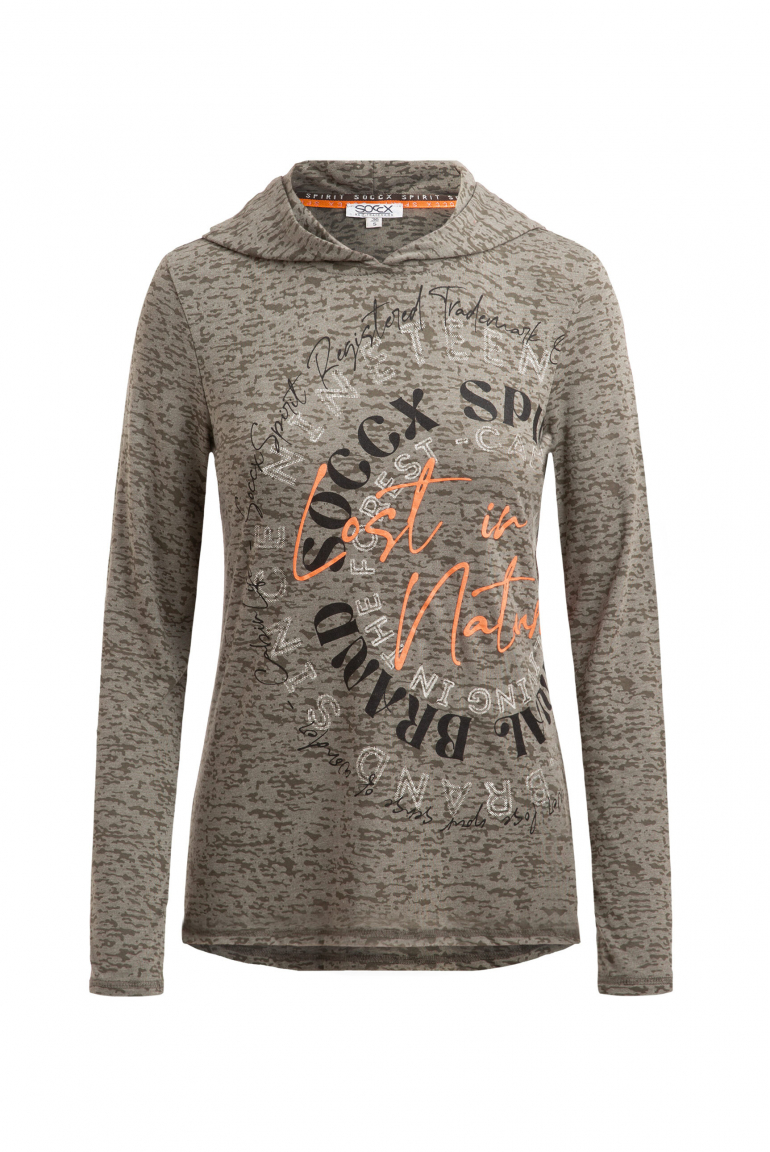 Kapuzenshirt mit Ausbrenner-Effekten und Artwork true khaki