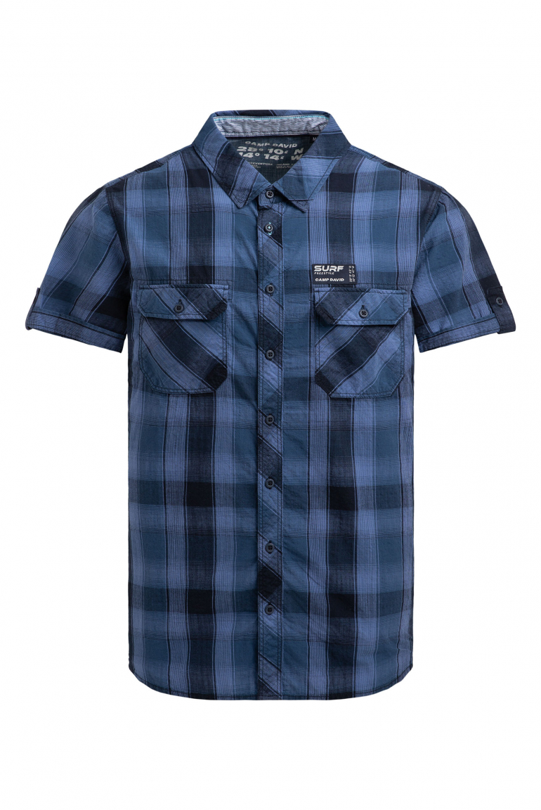 Karohemd Kurzarm mit Klappentaschen und Back-Print harbour blue