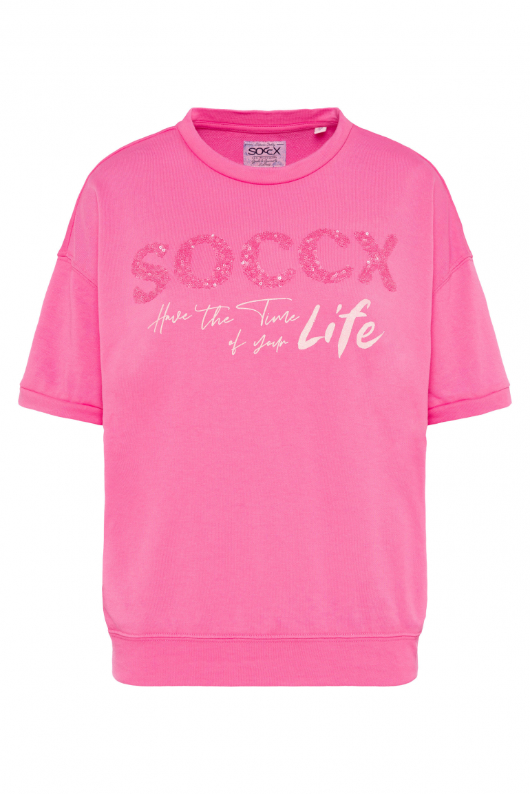 Kurzarm-Sweatshirt mit Pailletten-Logo floral pink