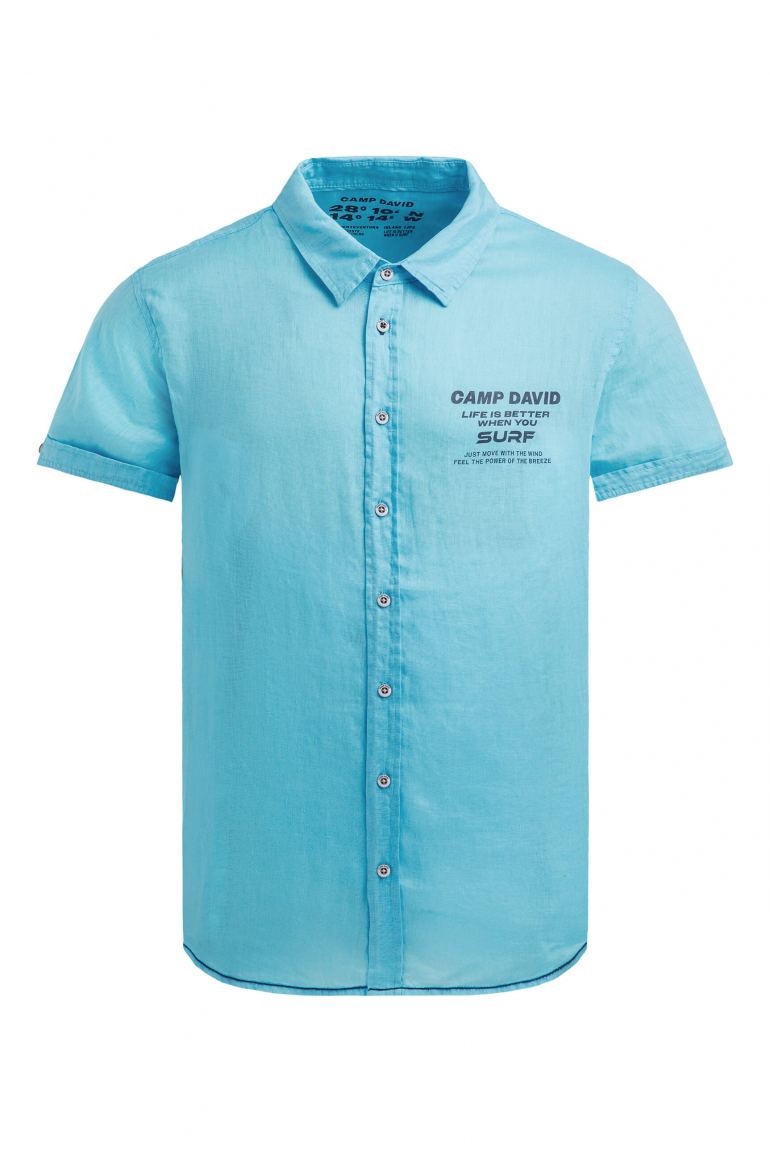 Kurzarmhemd aus Leinen mit Logo Prints aqua
