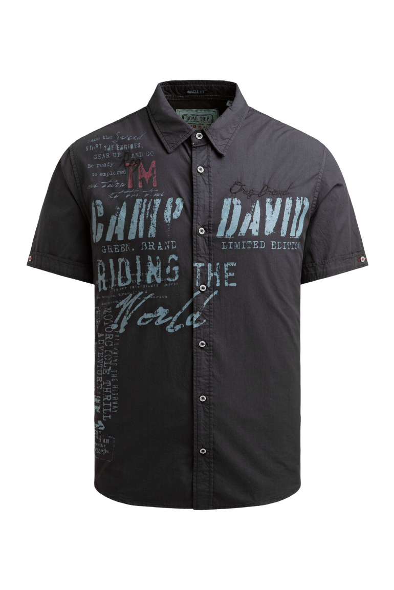 Kurzarmhemd mit Label Prints und Stickereien black