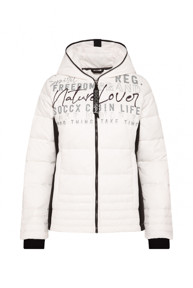 Kurze Steppjacke im Materialmix mit Kapuze ivory