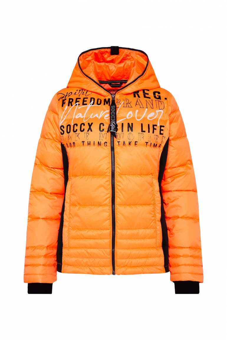 Kurze Steppjacke im Materialmix mit Kapuze brilliant orange neon