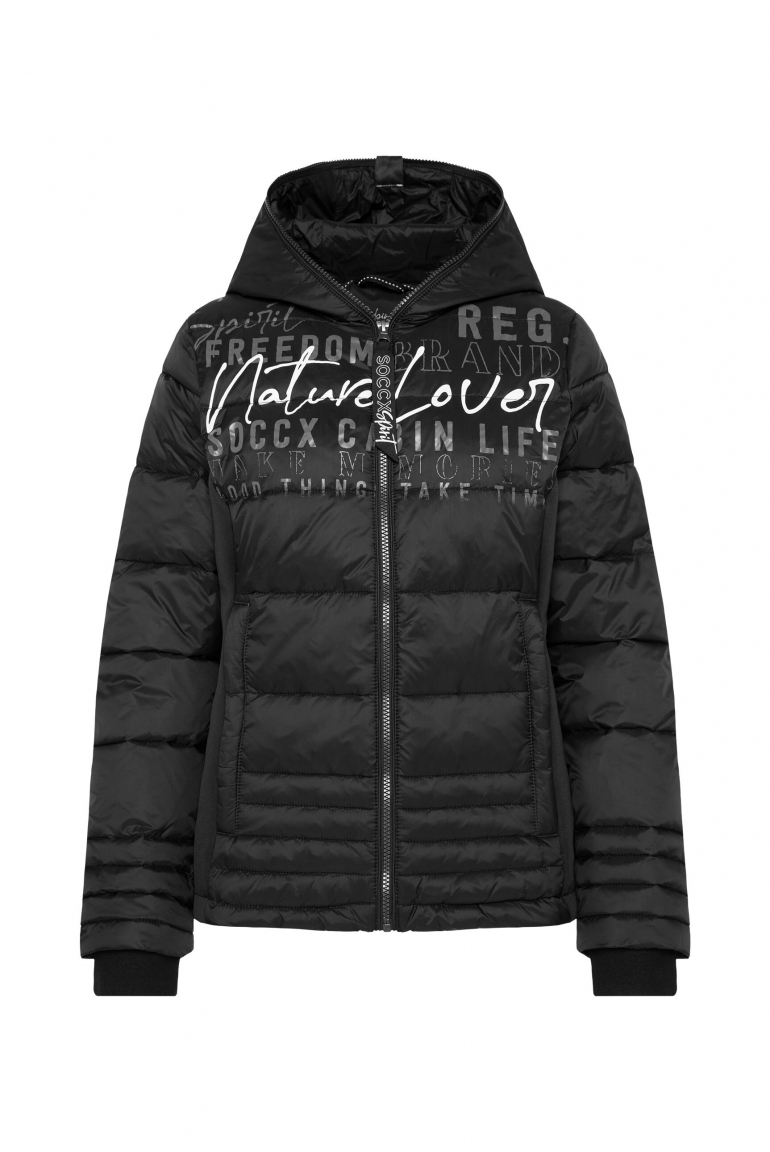 Kurze Steppjacke im Materialmix mit Kapuze black
