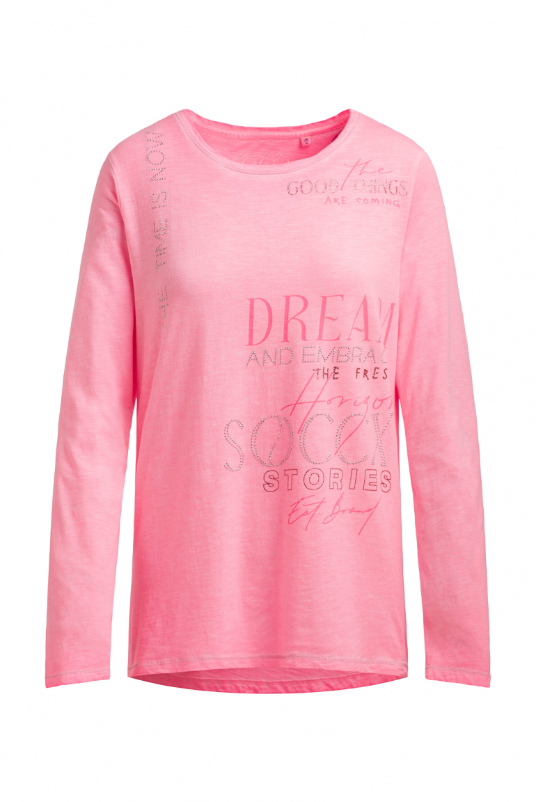 Langarmshirt mit Print und Schmucksteinen neon rose