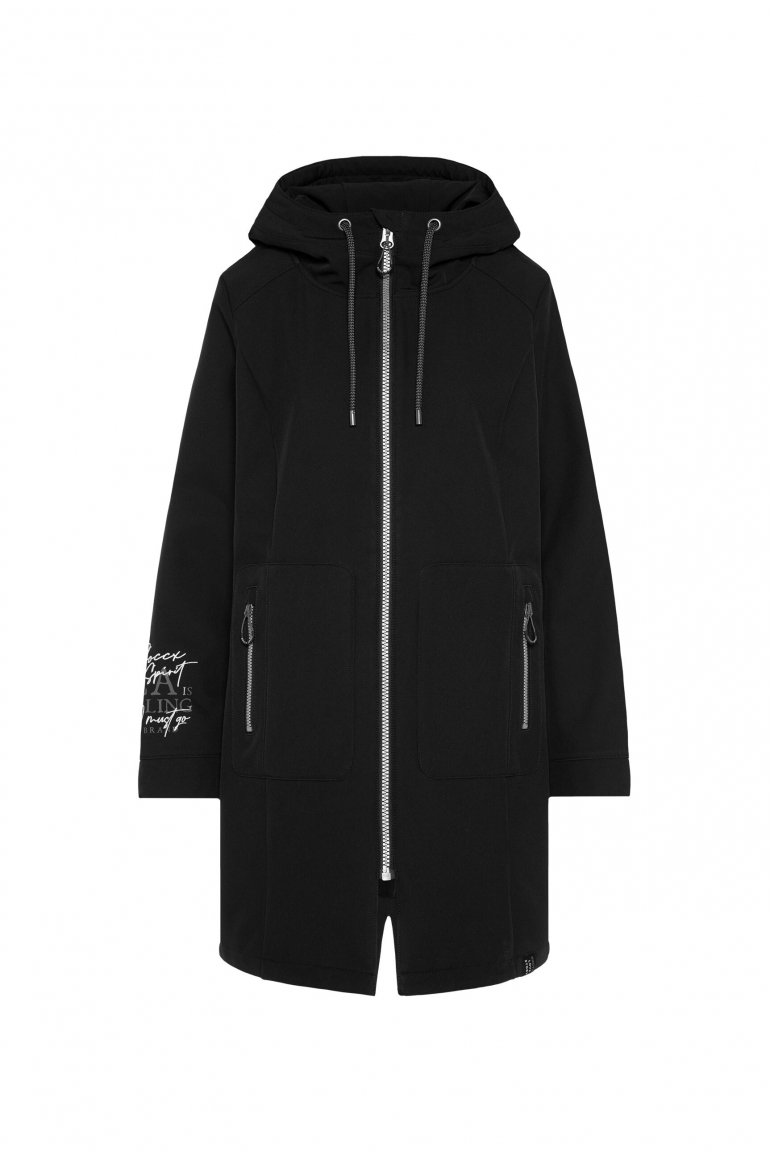 Lange Softshelljacke mit Kapuze und Logo Artworks black