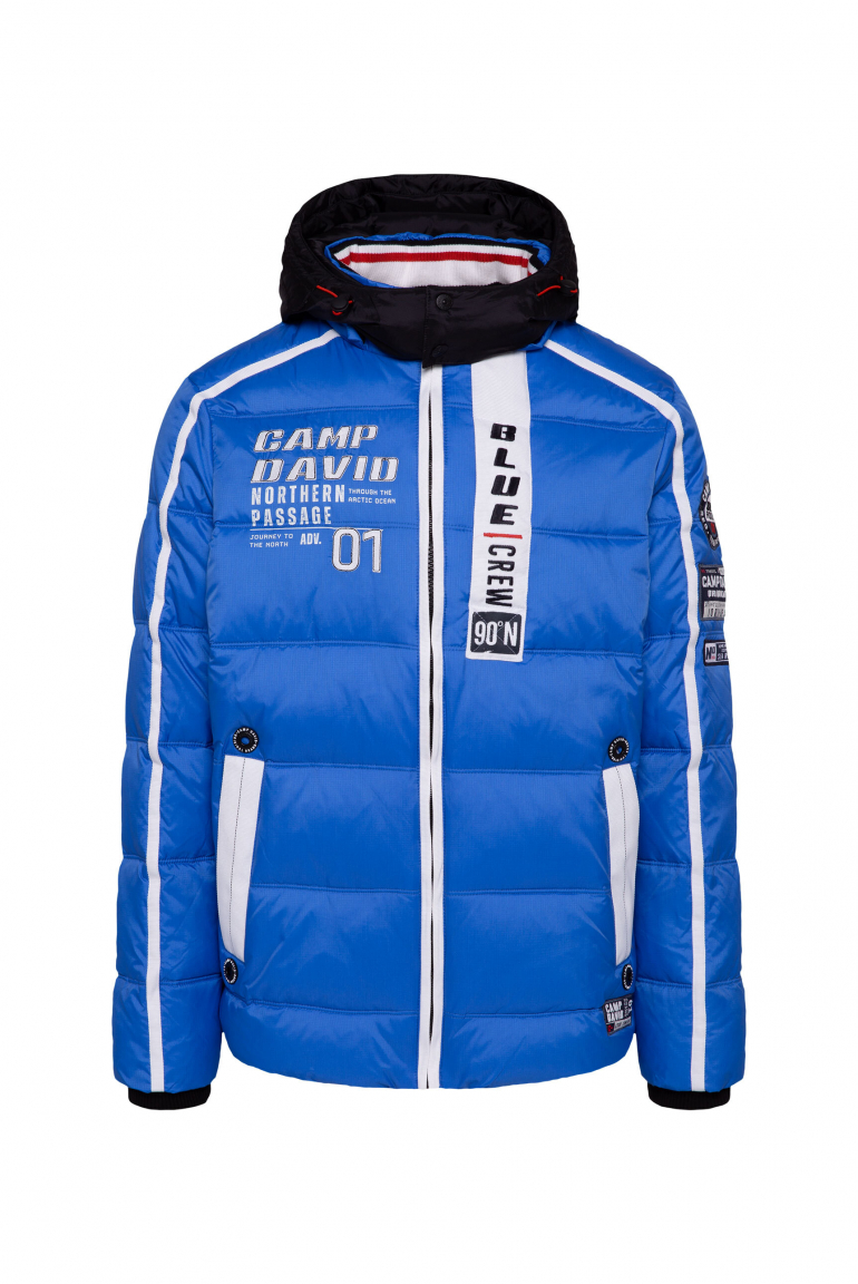 Lange Steppjacke mit Tapes, Patches und Kapuze flight blue