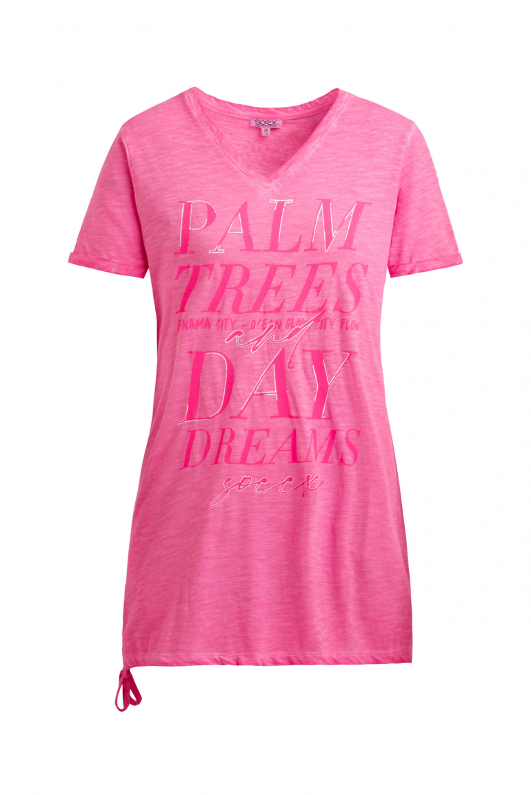 Langes T-Shirt mit Seitenraffung und Print neon magenta