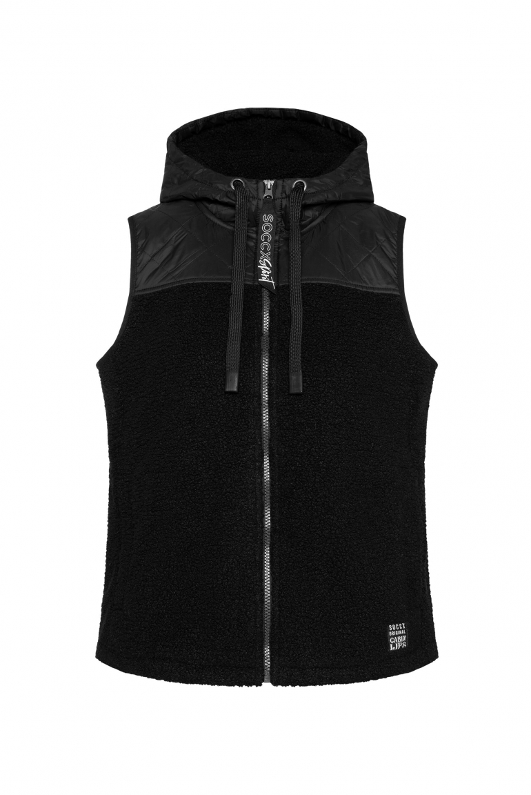 Loop-Fleece-Weste im Materialmix mit Kapuze black