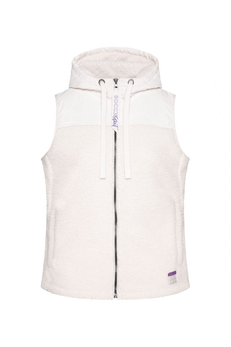 Loop-Fleece-Weste im Materialmix mit Kapuze ivory