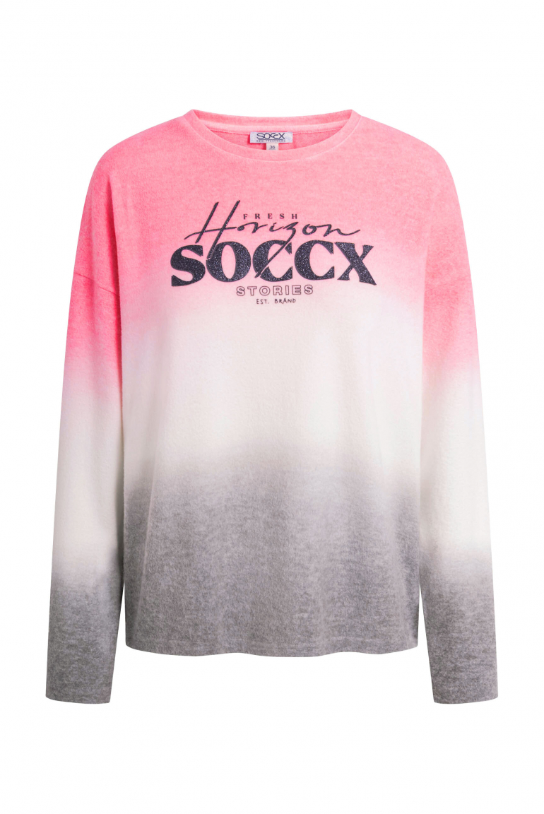 Pullover Dip Dye aus Flauschstrick mit Glitter-Logo neon rose / fresh grey